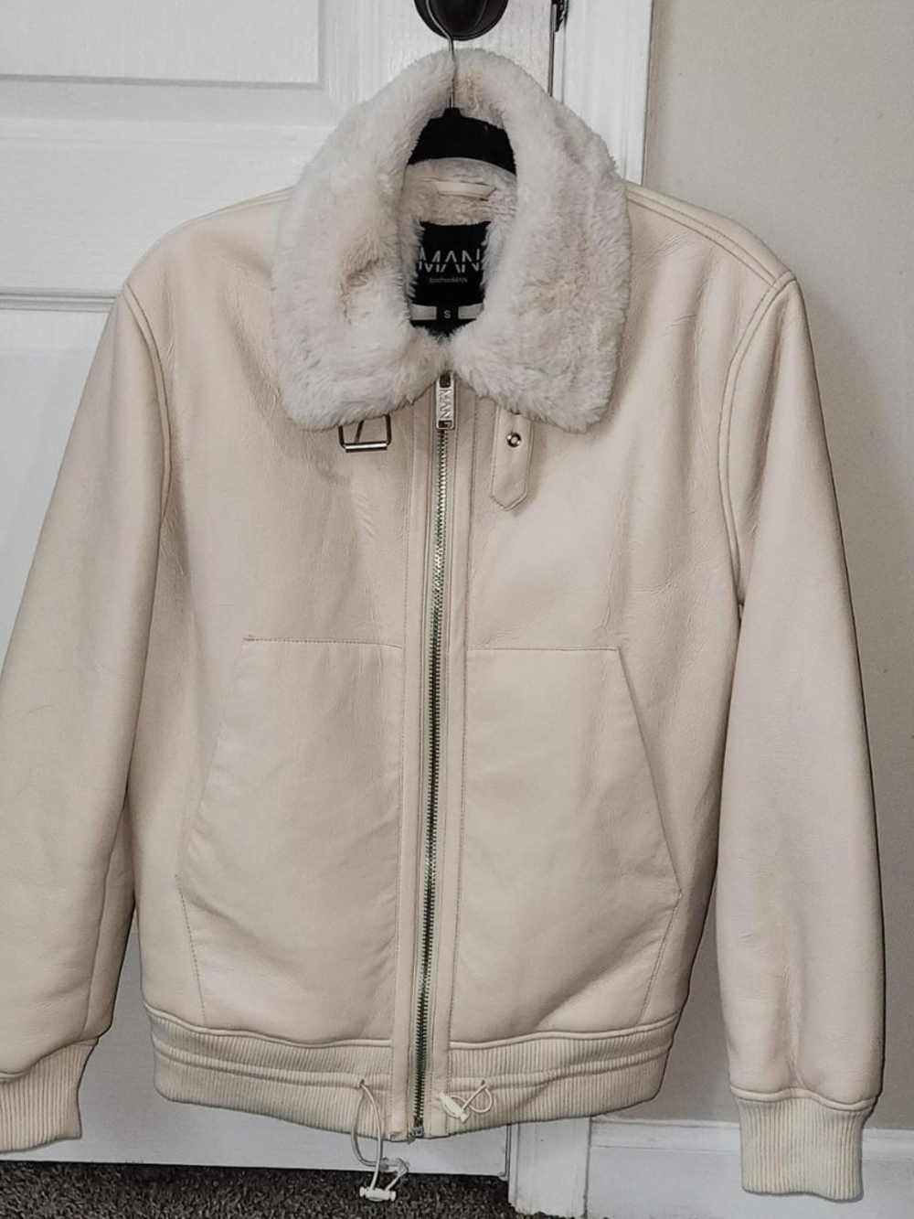 Mens Cream Faux-Shearling Collar Bomber Jacket